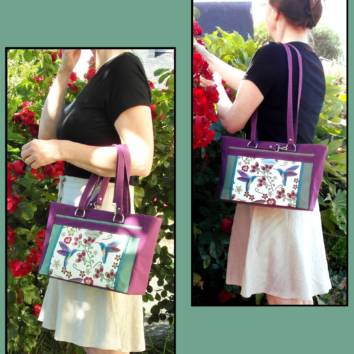 Sigalane modèle Chloé-sac 2 en 1-porté main ou épaule-rectangulaire- sac colibri-sac violet et vert oiseau