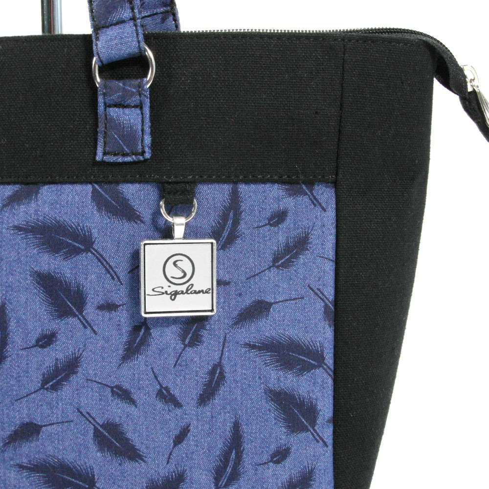 sigalane sac lorene en jean motifs plumes et noir