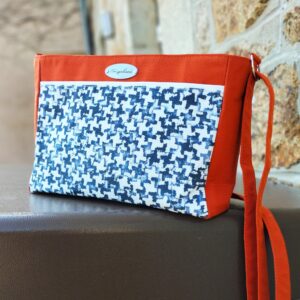 Sac Lorène orange et pied de poule bleu marine